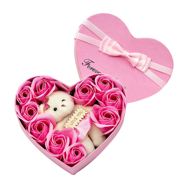 10 Heart-shape Soap Flower Gift Box Valentines Day Scented Rose Petals with Bear