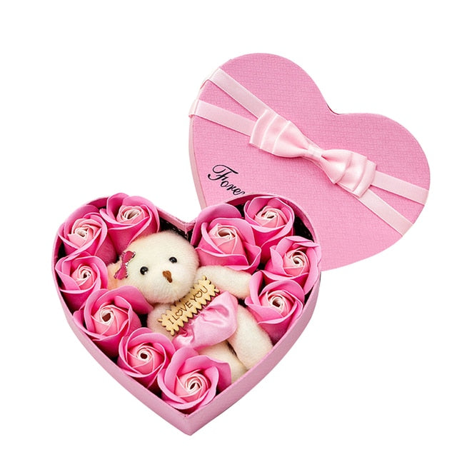 10 Heart-shape Soap Flower Gift Box Valentines Day Scented Rose Petals with Bear