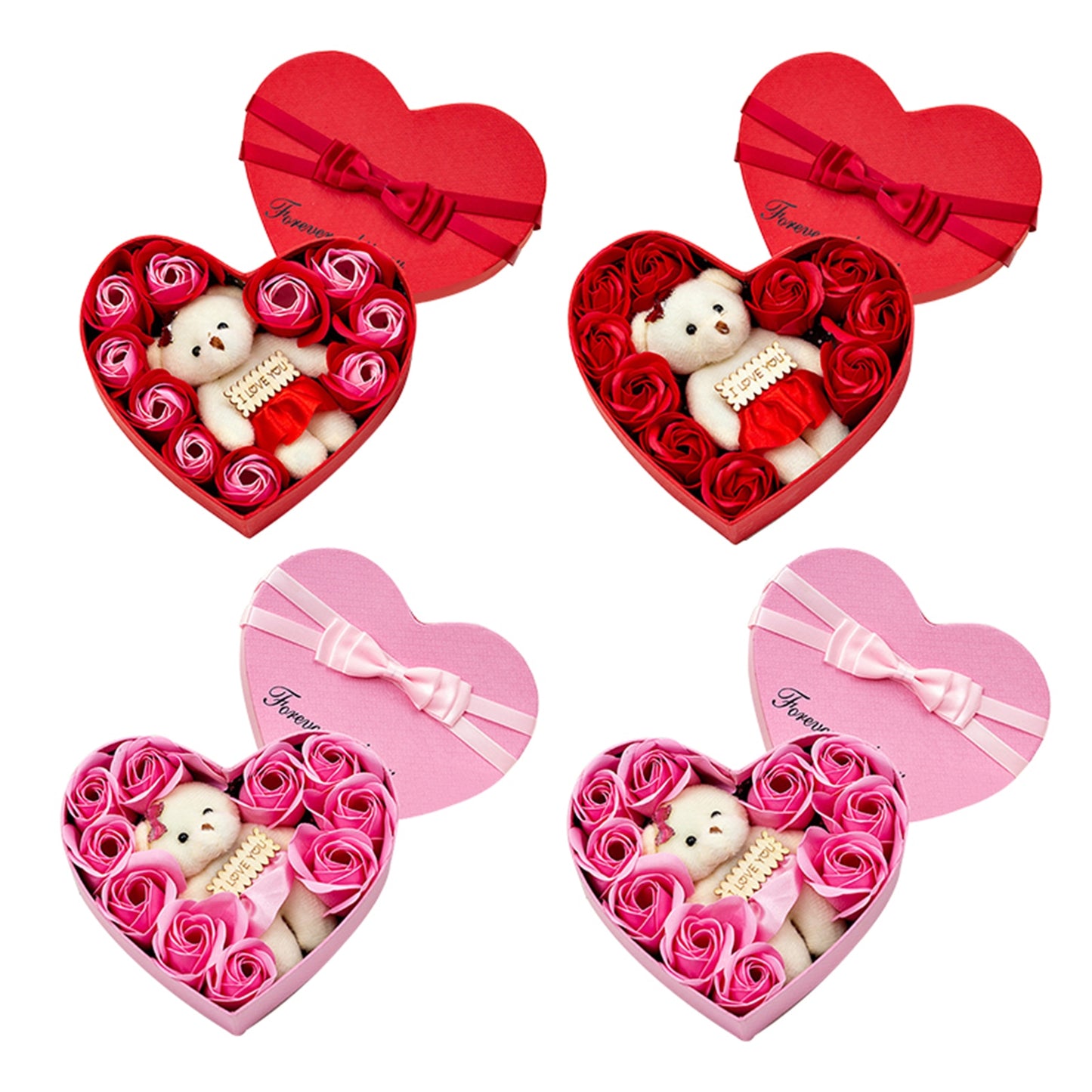 10 Heart-shape Soap Flower Gift Box Valentines Day Scented Rose Petals with Bear